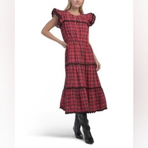 NWT - Sail to Sable Cotton Red Tartan Print Flutter Sleeve Midi Dress - Size L